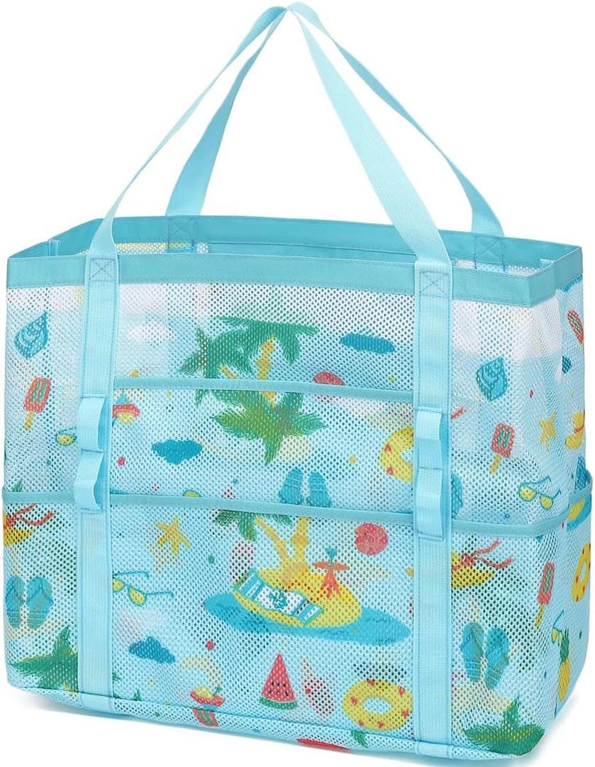 Fammart Mesh Beach Bag, Large Beach Tote with Zipper Pocket, Toys Pool Bag for Family Travel Vacation Cruise Essentials (Large - Coconut Tree)