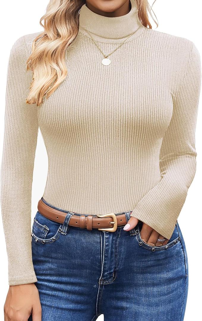 Ekouaer Women's Turtleneck Shirts Ribbed Pullover Sweater Long Sleeves Tops Midweight Thermal Underwear Blouse Beige, L