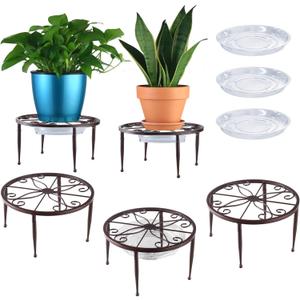 3 Pack 9 inches Metal Plant Stands with Saucer for Indoor and Outdoor Plants Heavy Duty Potted Heavy Duty Flower Pot Stand Holder Rustproof Iron Round Plant Shelf for Garden, Brown