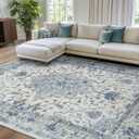 Area Rugs 8'x10' Washable Non-Slip, Floral Vintage Distress Print Pattern Medallion Carpet for Living Room Bedroom Dining Room, Light Blue Navy Beige Gray White