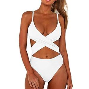 CHYRII Women's Sexy Criss Cross High Waisted Cut Out One Piece Monokini Swimsuit (Flamingo) S