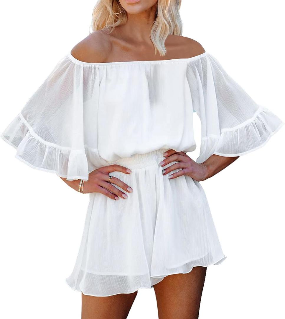 Fixmatti Women Boho Summer Romper Casual Floral Print Off Shoulder Strapless Shorts Jumpsuits (Large, Z-white)