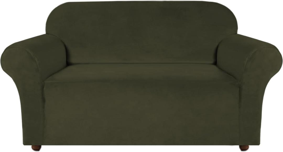 Turquoize Velvet Loveseat Covers Stretch Love Seat Couch Covers for 2 Cushion Couch Velvet Sofa Cover with Non Slip Elastic Bottom Furniture Cover Crafted from Soft Fabric (Loveseat, Olive)