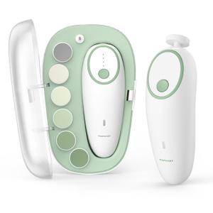 Momcozy Baby Nail File Electric, Gentle Baby Nail Trimmer Electric, Baby Nail Clipper with Night Light, 7 Grinding Head Replacement Pads, Green