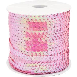 FQTANJU Pink 6mm Crafts Round Flat Sequin Strip Trim on Strings for Crafts, Fringe, and Sewing; 100 Yard Roll