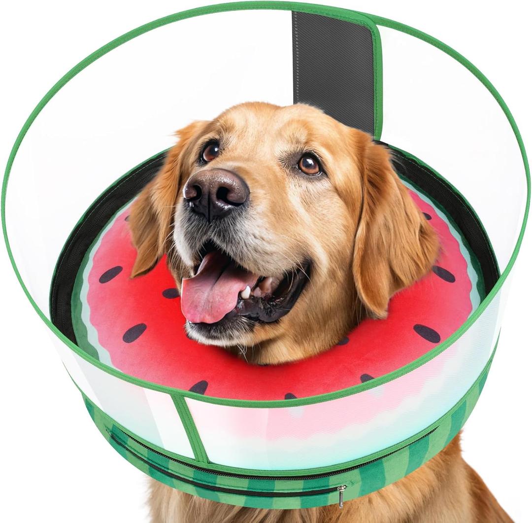 Inflatable Dog Cone with Anti-Licking Clear Shield, Protective Dog Donut Collar After Surgery, Adjustable Soft Recovery Cone for Pets, Alternative Collar with Buckle Strap (Watermelon, XL) (XL (Neck: 18"-23"))