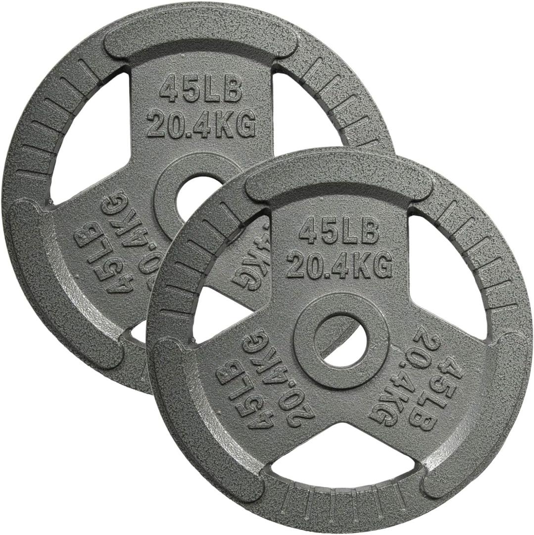 Yes4All Tri-Grip Handles Cast Iron Olympic Weight Plates, 2-Inch Weight Plates for Weight Lifting with Smooth and Durable Finish, Suitable for Strength Training Exercises (Single, Pair and Set) (J. 45LB (Pair - Gray))