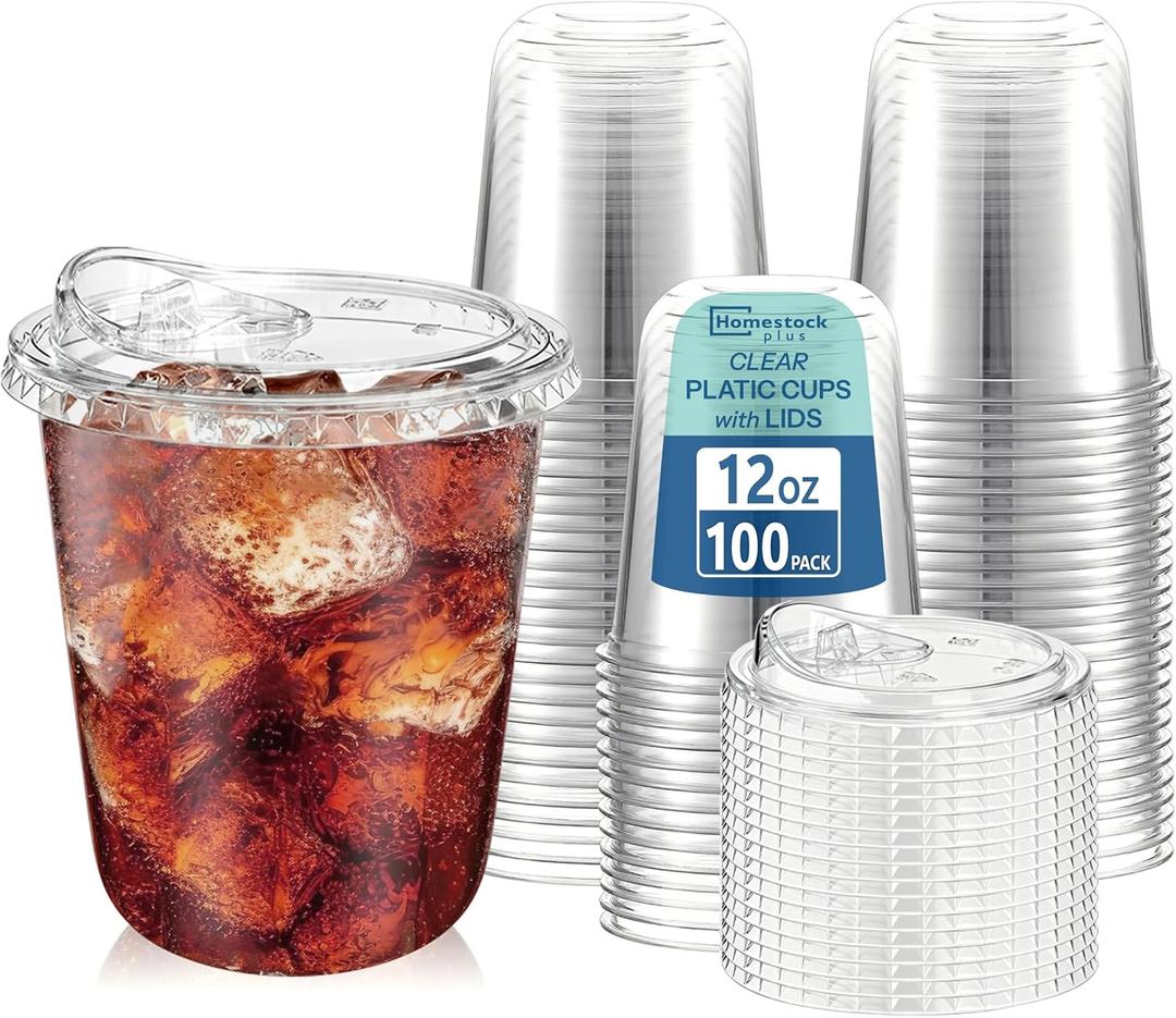 Homestockplus 100 Pack 12 oz BPA-Free Clear Plastic Cups with Sip Lids - Leak-Proof Round Bottom Disposable Iced Coffee Cups for Kids, To-Go Drinks, Smoothies, Juice & Small Portion Cold Beverages