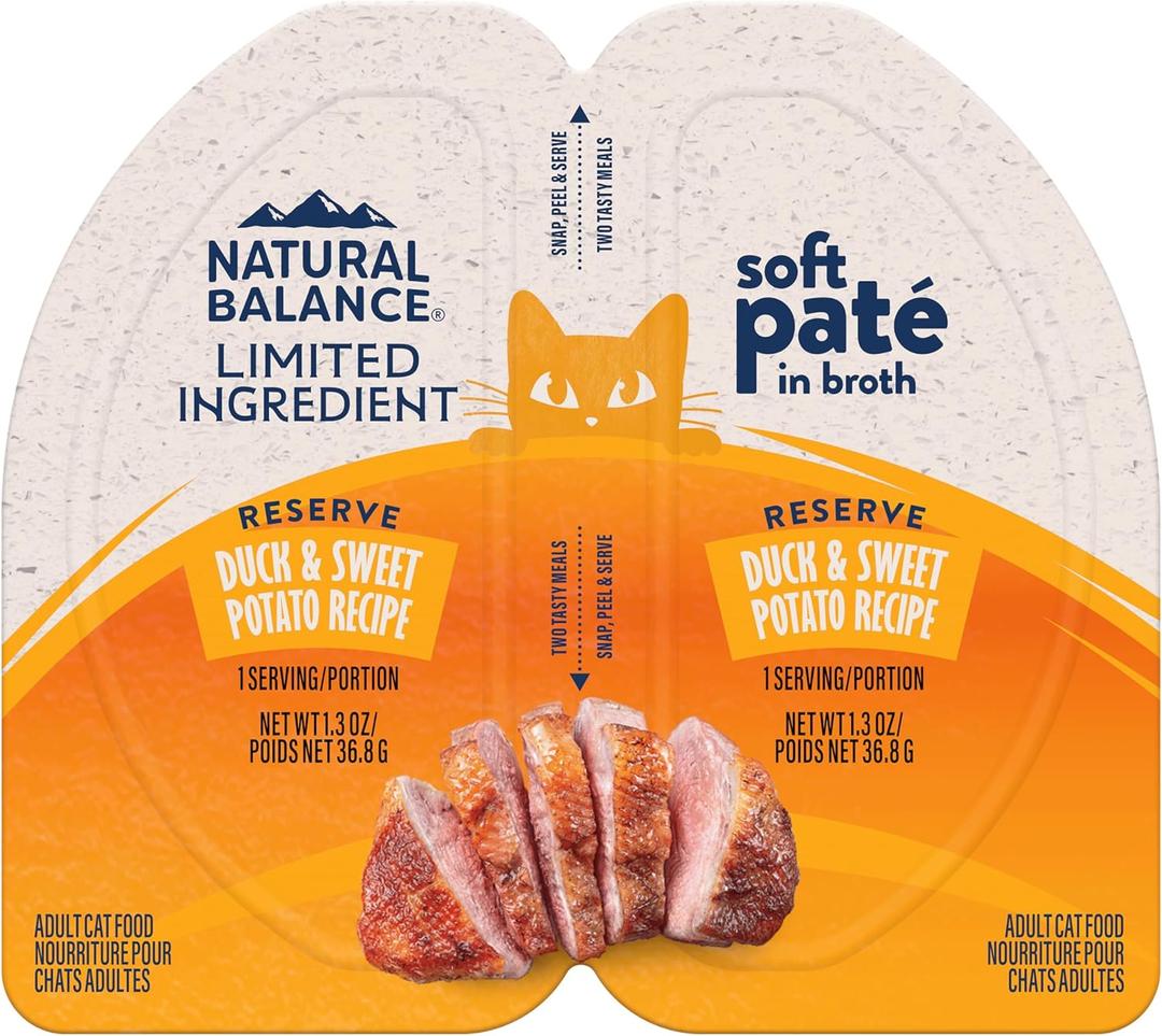 Natural Balance Limited Ingredient Reserve Split Cup Duck & Sweet Potato Soft Pate Wet Cat Food Recipe for Sensitive Stomachs and for Healthy Digestion, 2.6 oz. (Pack of 10), No BB Date