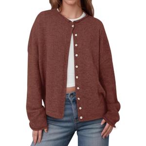 Womens Button Up Cardigan Sweaters Trendy Lightweight Soft Long Sleeve Knit Loose Sweater 2025 Early Fall Outfits (Medium, Brown)