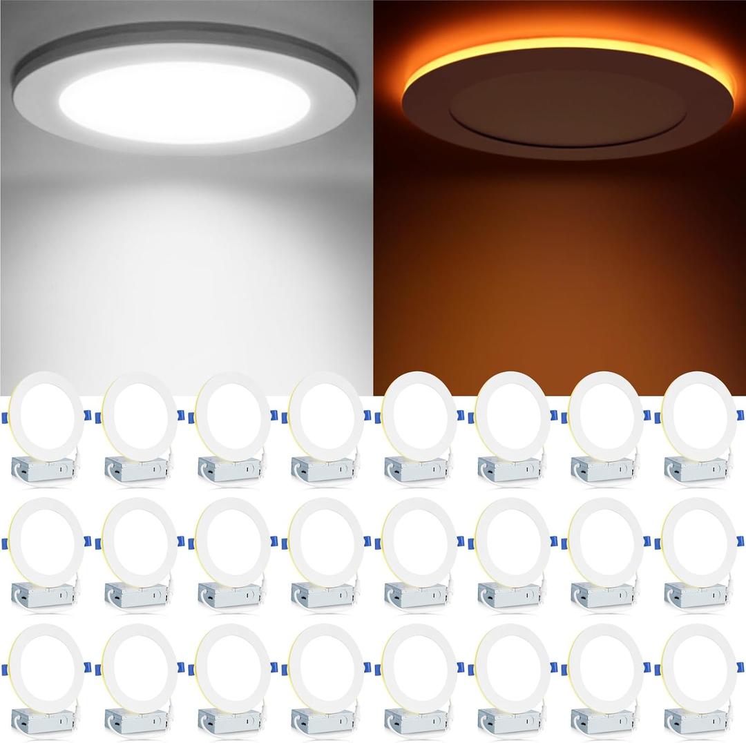 Meconard 24 Pack 6 Inch 5CCT LED Recessed Ceiling Light with Night Light, 2700K/3000K/3500K/4000K/5000K Selectable Ultra-Thin Lighting, 12W=110W, 1050LM, Dimmable Canless Wafer Downlight ETL&FCC