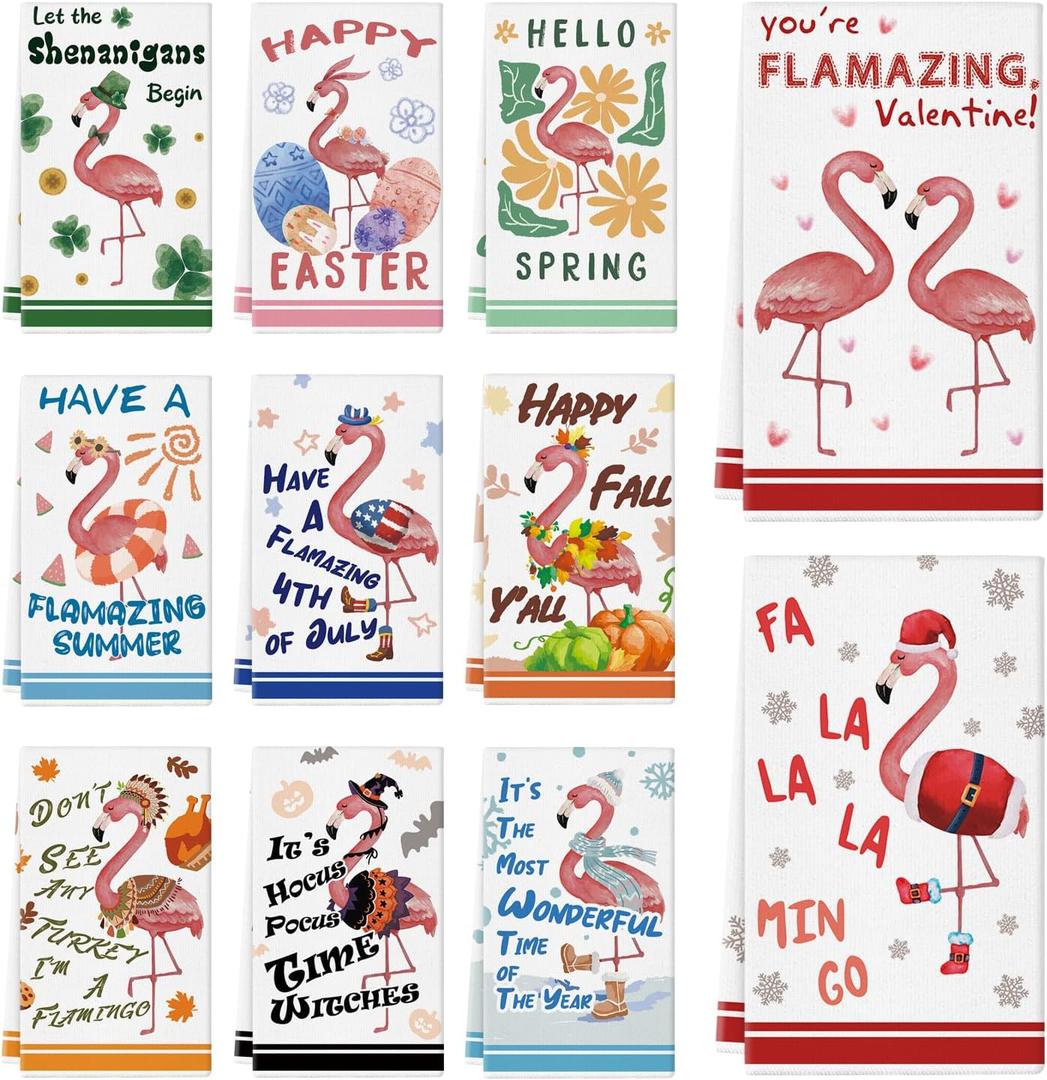 11 Pcs Kitchen Towels 14x21 Inch Cute Dish Towels Seasonal Christmas Lady Women Gift Holiday Hand Towels for Home Kitchen Bathroom Decoration (Flamingo)