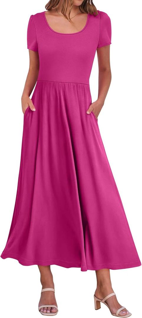 ANRABESS Women Summer Casual Maxi Dress Short Sleeve Square Neck High Waist Flowy A-Line Beach Long Dress with Pockets Hot Pink Small