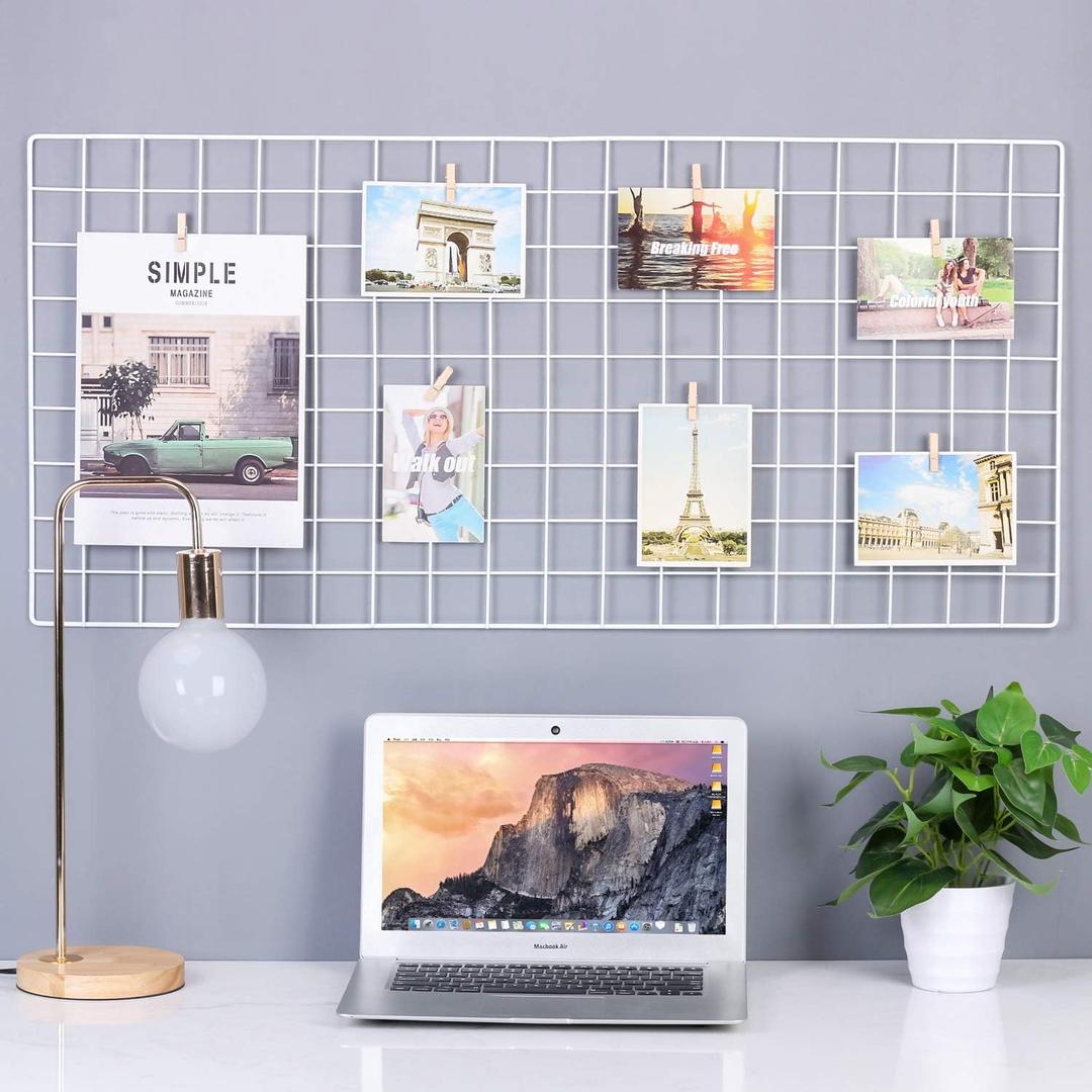 Kaforise Wire Wall Grid Panel, Wire Photo Hanging Display and Wall Storage Organizer, 10 Clips and 2 Nails Offered, Set of 1, Size 17.7" x 37.4", White