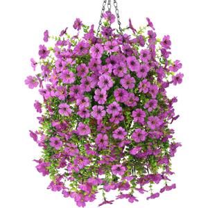 INQCMY Artificial Hanging Flowers with Basket for Spring Outdoor Decoration 3 Bunches of Silk Daisy Flower Uv Resistant for Garden Porch Patio Balcony Yard Decor (Purple2)