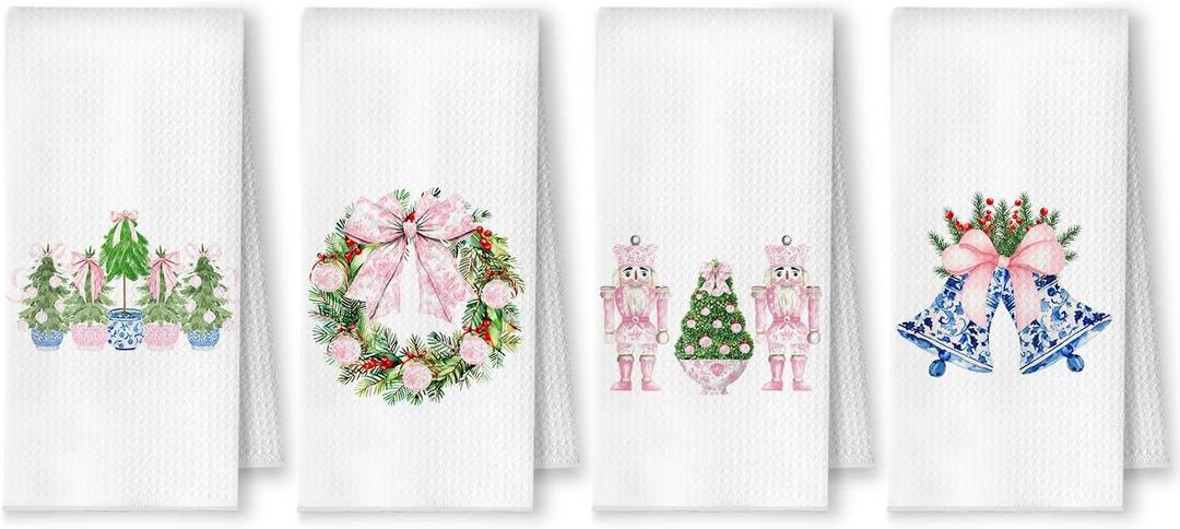 Pink Chinoiserie Christmas Kitchen Towels, Grandmillennial Christmas Dish Tea Towels, Blue White Xmas Tree Wreath Nutcracker Bell Decorative Hand Towels for Bathroom, 16x24 Inch Set of 4