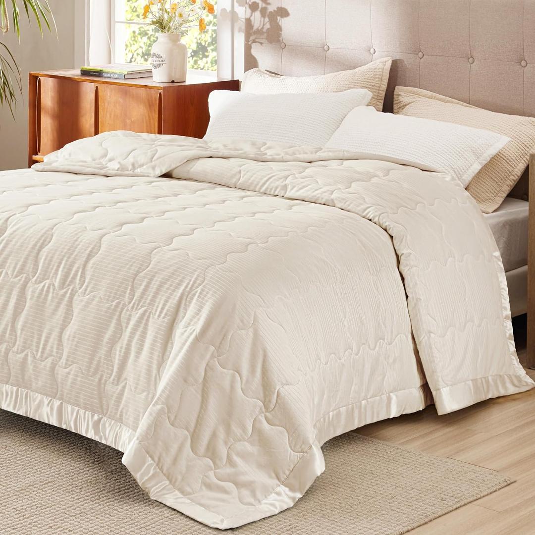 Bedsure Lightweight Blanket for Summer Queen Size - Down Alternative Blanket with Satin Trim for Bed, Light Summer Throw Ivory, 90x90 Inches