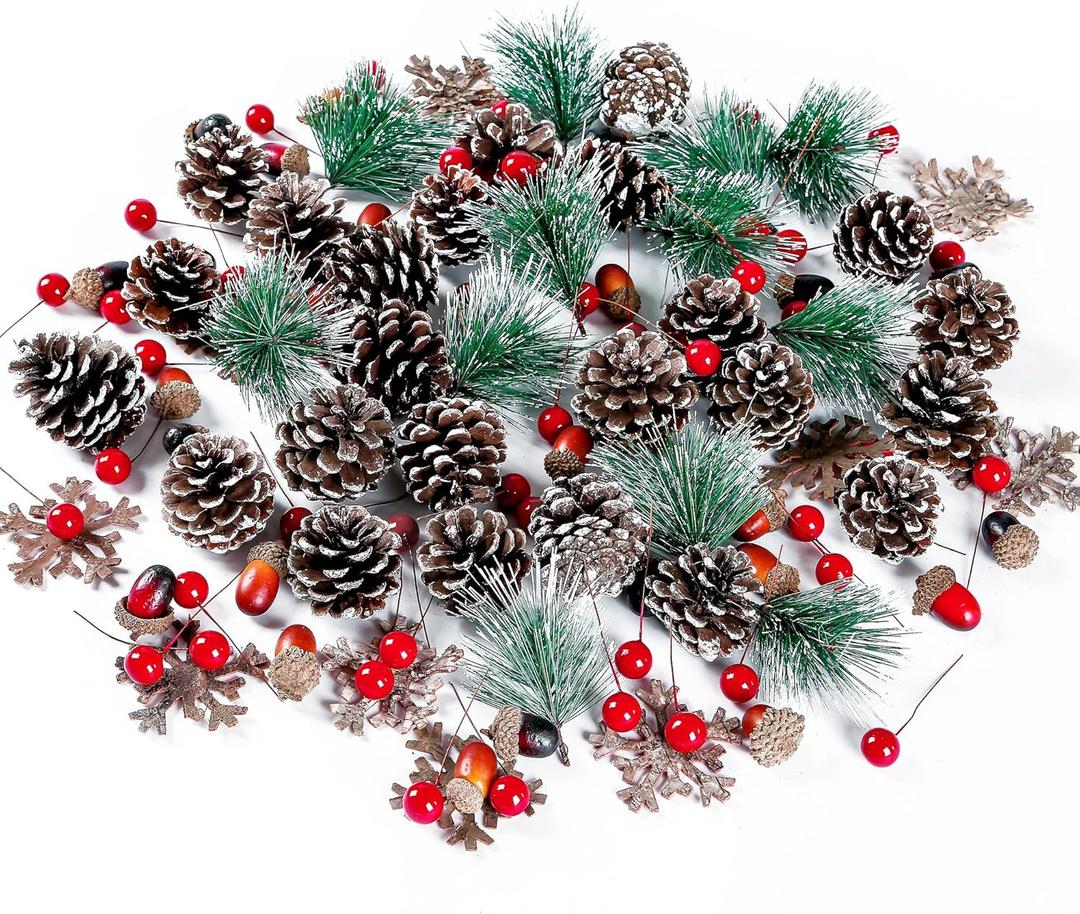 Sggvecsy 120 Pcs Artificial Pine Cones Pine Needles Artificial Red Holly Berries Natural Wooden Snowflake Christmas Wreath Accessories for DIY Christmas Garland Wreath Holiday Decoration