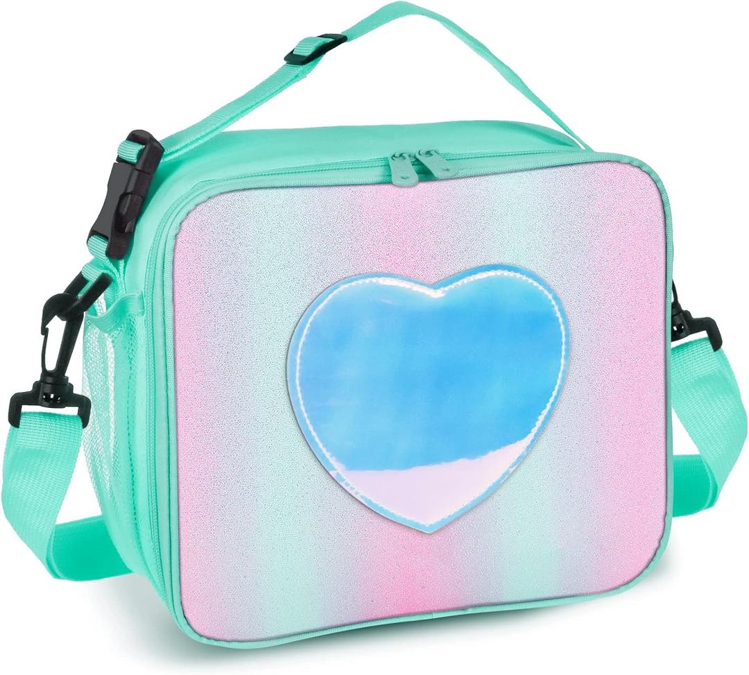 Lunch Box for Kids Girls, Insulated Rainbow Tote Bag Leakproof Thermal Cooler Reusable Lunch Bag for School Office Outdoor (Green with Strap)