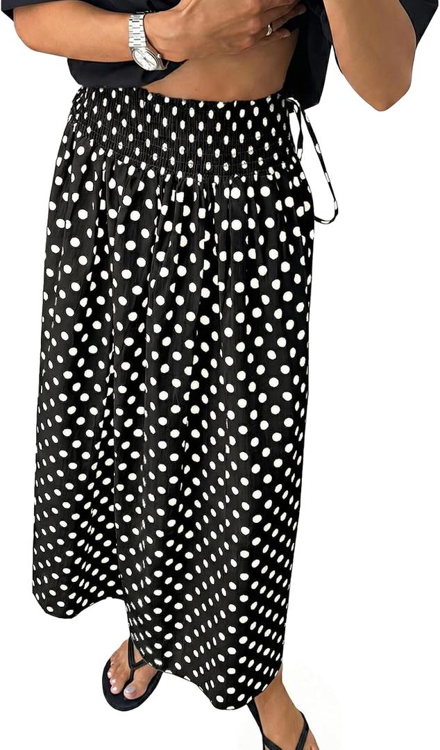 Tankaneo Womens Polka Dot Maxi Skirts Boho Smocked High Waisted Tie Skirt Casual Beach Vacation Dress, Black, Small