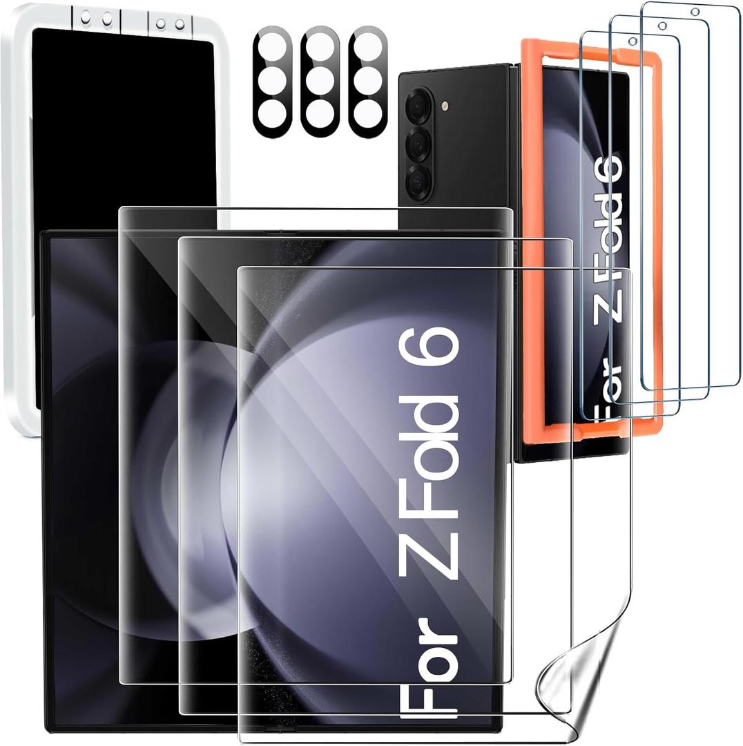 IMBZBK 9 in 1 for Samsung Galaxy Z Fold 6 Screen Protector, 3 Inside Flexible Film + 3 Front Tempered Glass + 3 Camera Lens Protector Accessories with Installation Frame No bubbles
