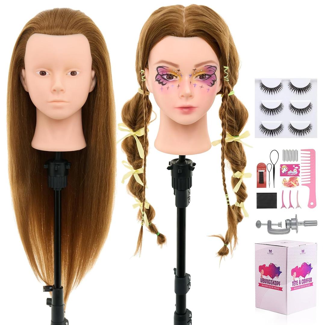 28Inch Mannequin Head with 80% Real Human Hair- Cosmetology Mannequin Head with Hair for Makeup Braiding Curling Cuting, Make up Doll head for Styling with Table Clamp Hair Styling Set (Blonde)