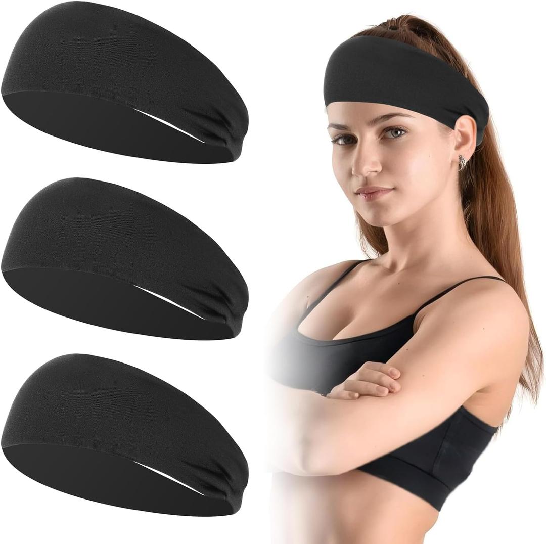 Sports Headbands for Women, Moisture Wicking Workout Headband, Stylish Comfortable and Stretchy Non Slip Headband, Sports, Yoga, Running Essentials for Women, Sweat Absorption and Quick Drying (Black*3)