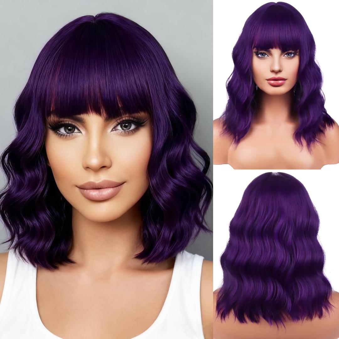BERON 14 Inches Purple Wig for Women Short Curly Wig Dark Purple Wigs Synthetic Wigs with Bangs Hairnet Include