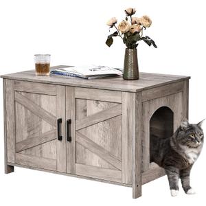 Homhedy 31.5" L Cat Litter Box Enclosure with Barn Door, Greige