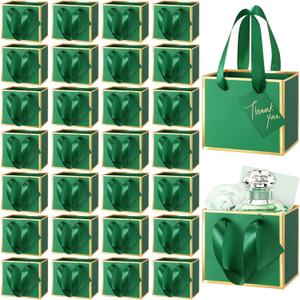 Yeaqee 50 Pcs Mini Metallic Foil Gift Bags with Handles 4x4.75x2.25'' Valentine Tiny Thank You Favor Bag with Tag for Winter Galentine New Year Welcome Wedding Baby Shower Birthday(Dark Green,Gold)