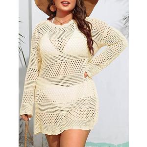Beautife Womens Plus Size Swimsuit Cover Up Crochet Long Sleeve Mesh Knit Crew Neck Beach Coverup Dress, 29/37
