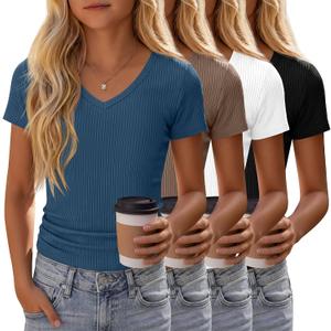 4 Pack Girls Short Sleeve Shirts Ribbed V Neck Tops Fitted Kids Soft Basic Tees Summer (White)