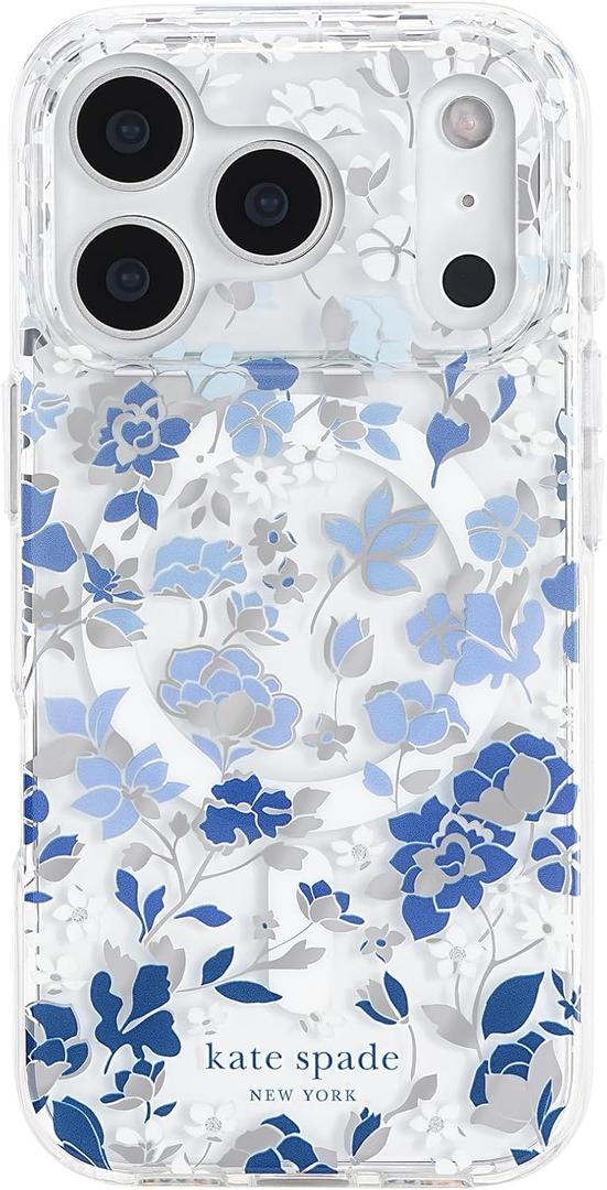 Kate Spade New York iPhone 17 Pro Case - Compatible with MagSafe - Designer Phone Case - Flowerbed Blue Gems