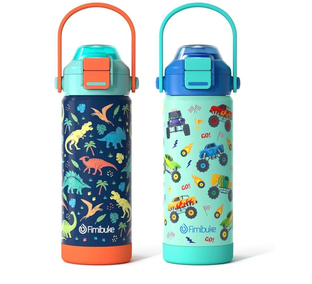 Kids Insulated Water Bottle with Pop-Open Straw & Spout 2-in-1 Lid, 18oz Leak Proof 18/8 Stainless Steel Vacuum Tumbler, BPA-Free Kids Cup For Travel School Boys Girls Toddler, Dinosaur & Monster Car