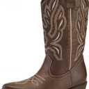 mysoft Women's Western Cowboy Boots Embroidered Mid-Calf Pointed Toe Cowgirl Boot (6.5, Brown)