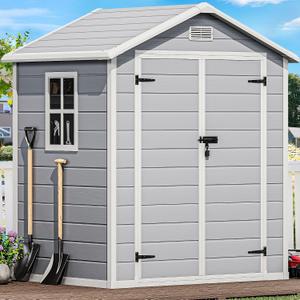 DWVO 6x4.4 FT Outdoor Resin Storage Shed with Reinforced Floor, All-Weather Bike Storage Shed with Lockable Door, Window and Vent, Waterproof Plastic Tool Storage for Garden, Backyard, Patio, Lawn