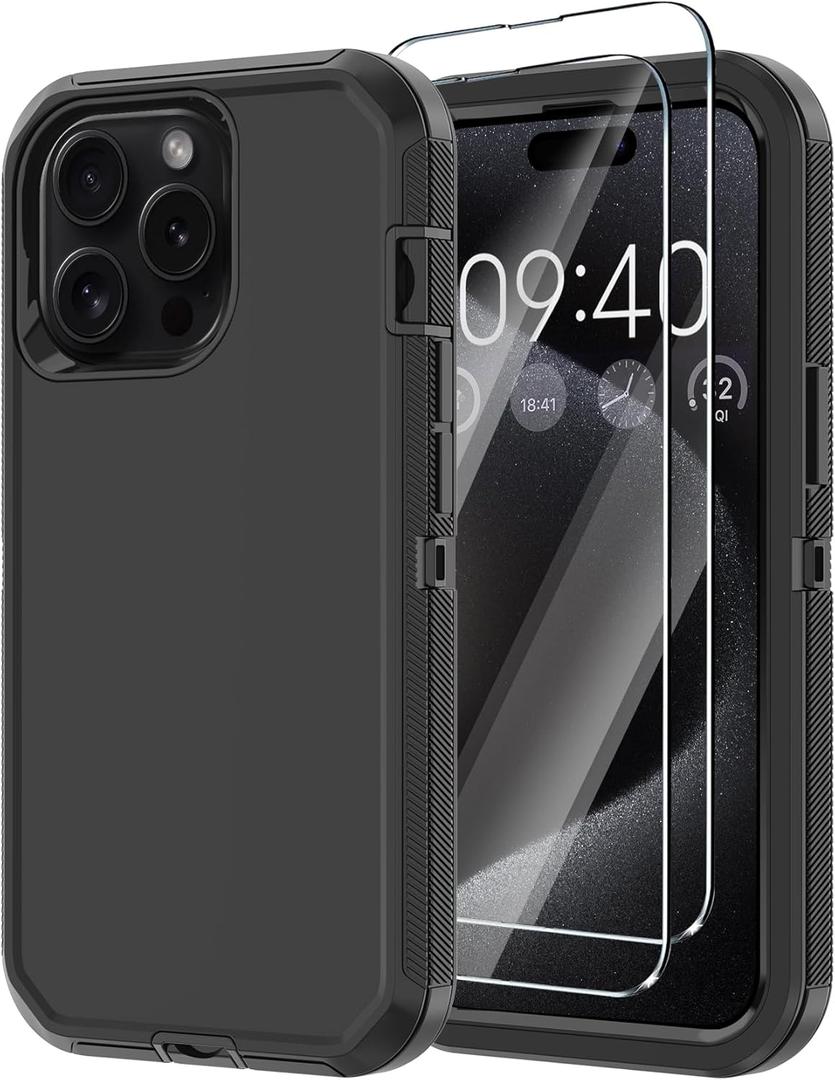 Annymall for iPhone 15 Pro Max Case with 2 Screen Protector,Shockproof Drop Protection Full Body Heavy Duty 3-Layer Military Rugged Durable Phone Cover for Apple iPhone 15 Pro Max 6.7" (Black)