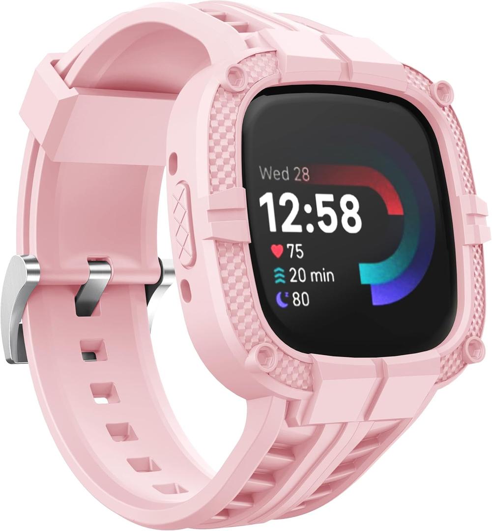 GELISHI Compatible for Fitbit Versa 4/ Fitbit Sense 2 Bands Rugged Protective Case with TPU Sport Band Wristbands, Military Shockproof Bumper Case for Men Women, Pink