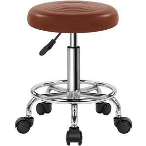 PU Leather Stool with Wheels Modern Round Rolling Stool with Footrest 360Swivel Height Adjustable Stool Chair for Home Work Drafting Spa Salon Massage Beauty Stools Small (Brown)