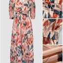 CHICME Womens Summer Boho Maxi Dress V Neck 3/4 Puff Sleeve Floral Flowy Wedding Guest Vacation Beach Long Dress (L)