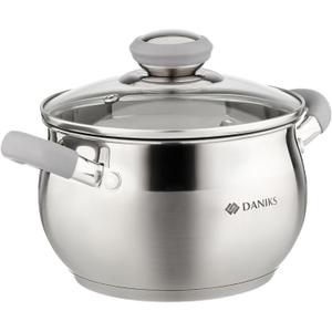 Daniks Modern Stainless Steel Stock Pot with Glass Lid - Induction 2 Quart, Dishwasher Safe, Heatproof Handles, For Soup, Pasta, Stew, Silver