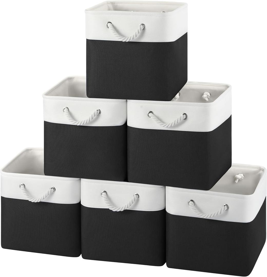12x12 Storage Cube Bins, 6 Pack Reinforced Bottom Cardboard Foldable Box, Organizer for Closet Shelves, Heavy Home Storage Baskets (White Black)