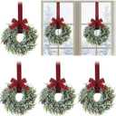 Yunlly 4 Pcs 13.8 Inch Christmas Window Wreaths with Buffalo Plaid Ribbon Artificial Frosted Cypress Wreaths with Pine Cones for Xmas Indoor Outdoor Front Door Kitchen Cabinet Decor