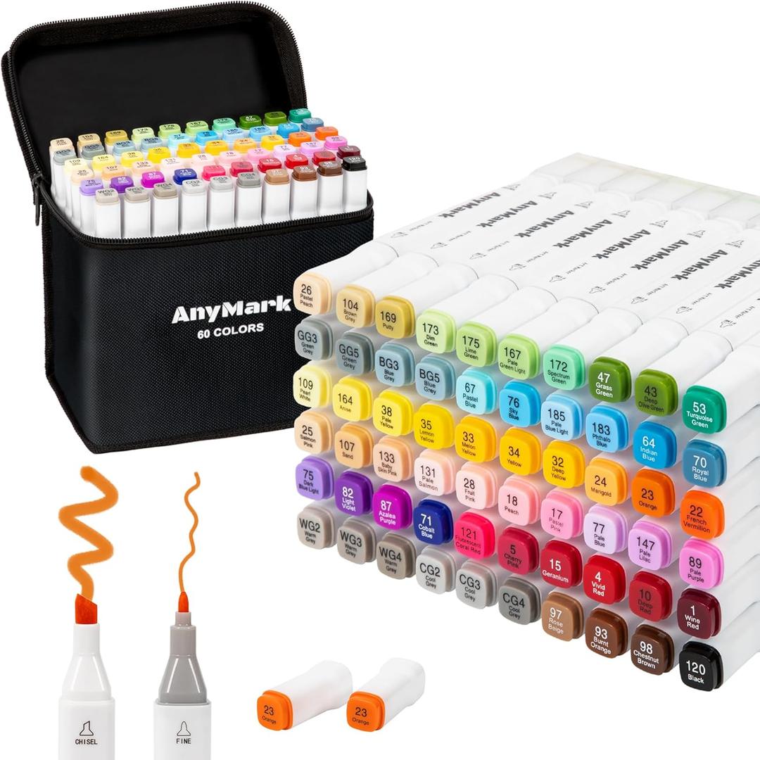 AnyMark Alcohol Markers, 60 Colors Dual Tip Art Coloring Markers Set for Kids Adult Book Drawing Sketching Painting, Chisel & Fine, White Penholder AnyMark Alcohol Markers, 60 Colors Dual Tip Art Coloring Markers Set for Kids Adult Book Drawing Sketching Painting, Chisel & Fine, White Penholder