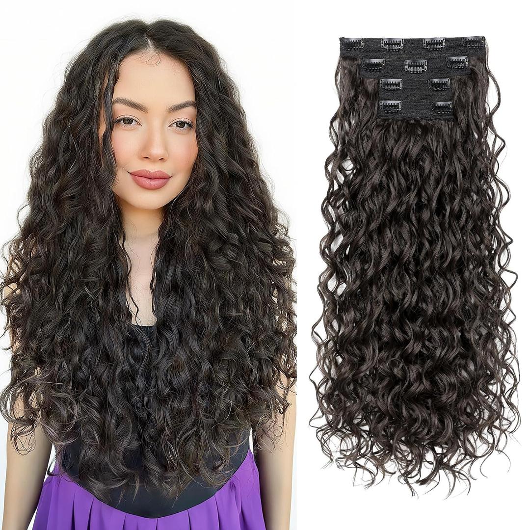 REECHO Curly Clip in Hair Extensions, 4PCS 24 inch Long Hair Extensions Clip ins Lace Weft Natural Hairpieces for Women Daily, Black Brown