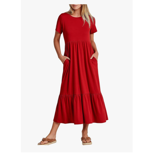 HUSKARY Womens 2025 Summer Casual Maxi Dress A line Tiered Flowy Short Sleeve Crewneck T Shirt Beach Travel Long Dresses, Medium