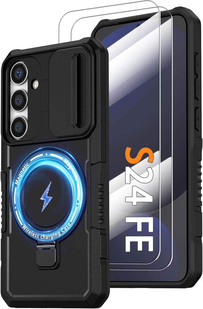 for Samsung Galaxy S24 FE Magnetic Case with Screen Protector, Compatible with MagSafe Wireless Charging, Military Grade Case with Camera Cover & Ring Stand, Shockproof Protection Cover, Black