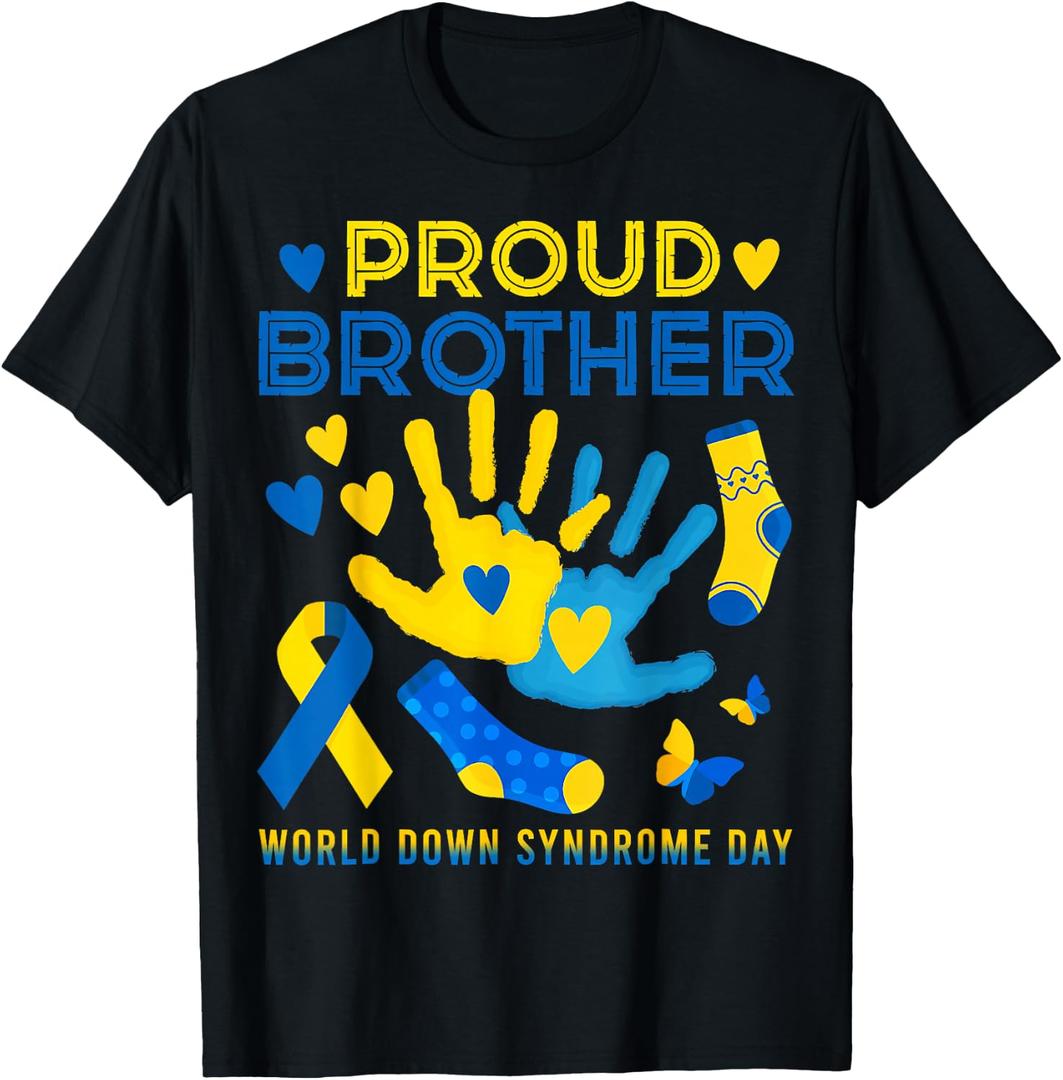Proud Brother T21 World Down Syndrome Awareness Day Ribbon T T-Shirt (Blue, L)