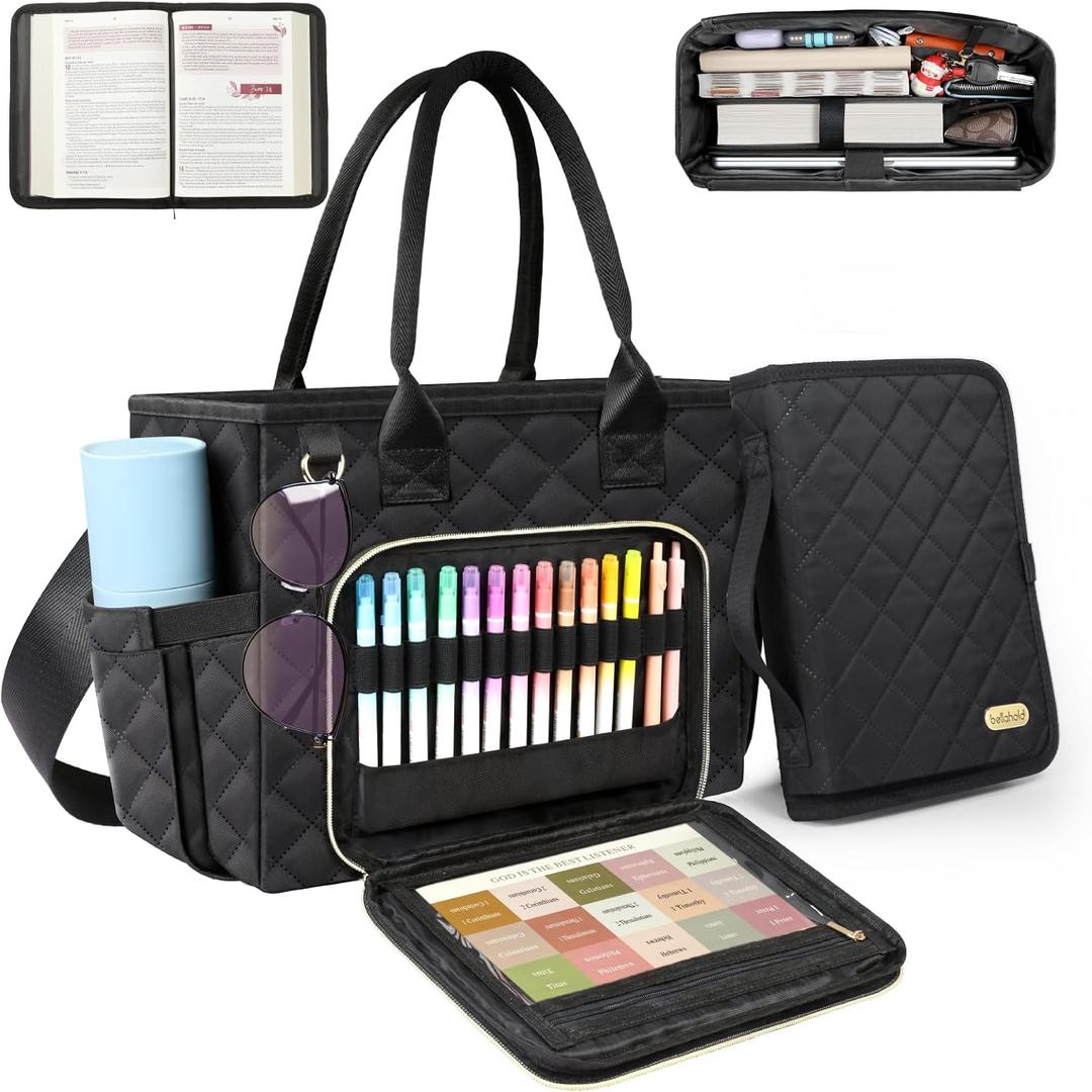 Large Bible Bag with Bible Cover Case for Women, Church Bag with Shoulder Strap, Quilted Bible Cover for Bible Study Supplies, a Christian Gift for Women, Black