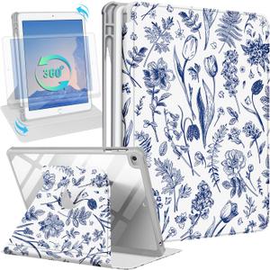 Kidcube for iPad 5th/6th Generation Case, for iPad Air 1st/2nd Gen, for iPad Pro 9.7 Inch Case Women Girls Cute Folio Cover with Pencil Holder Floral Flower Pretty Girly Rotating Stand Cases 2018/2017